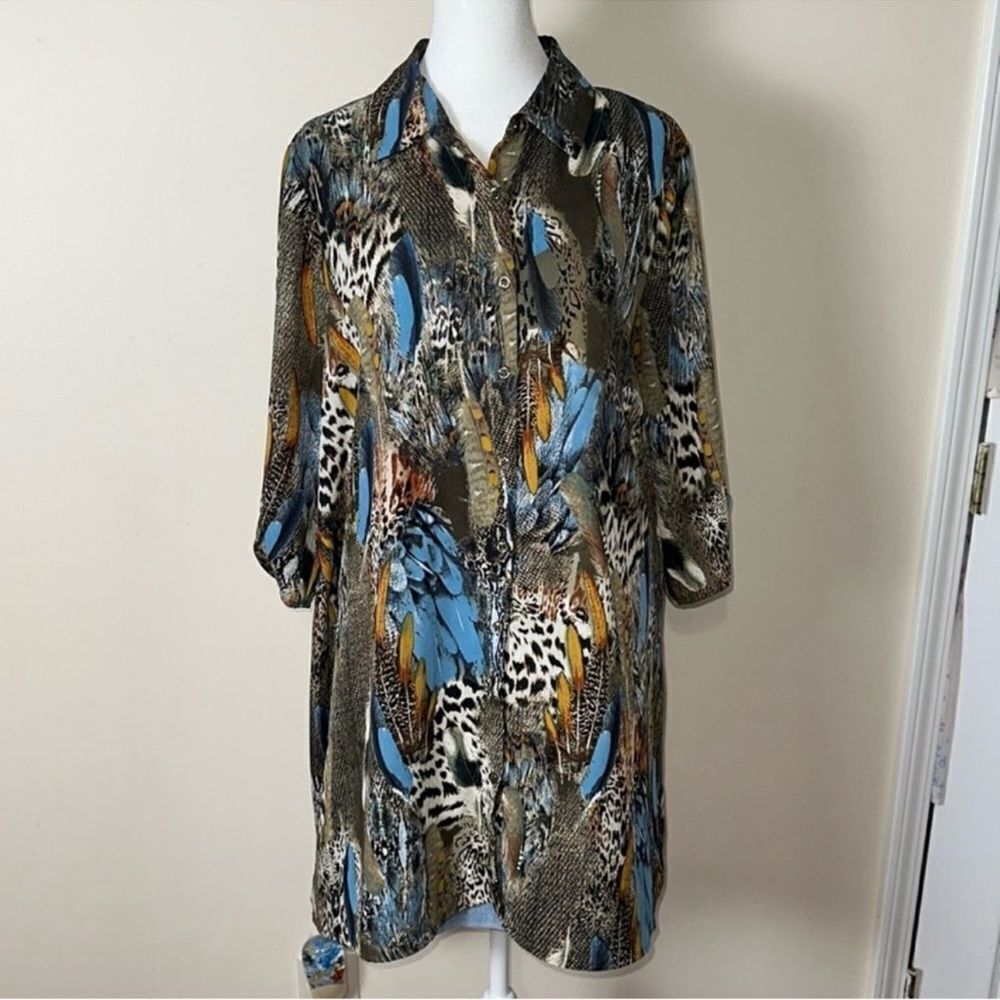 Indigo Rose 1X Colorful Feather Animal Quarter Sleeve High Low Tunic Shirt Dress